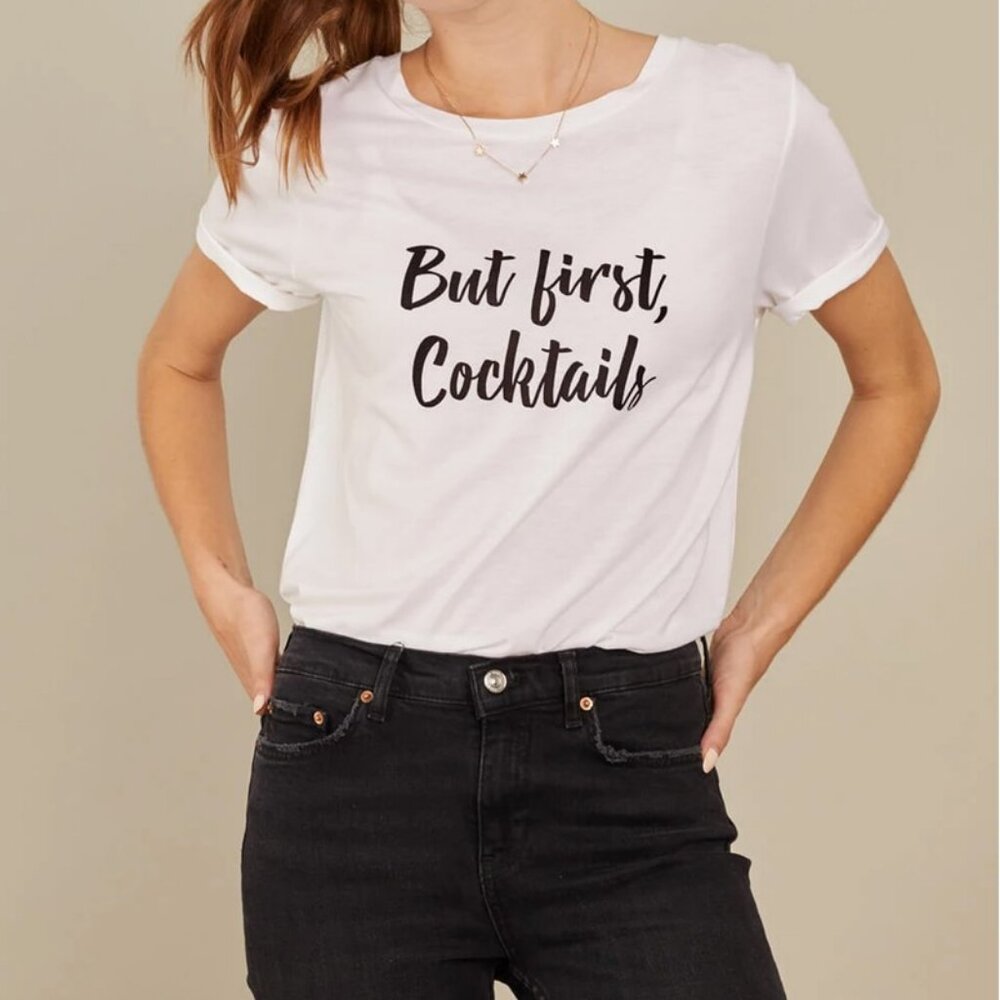 SOUTH PARADE Lola Top But First Cocktails Short Sleeve Cotton Tee White Black XS - Picture 1 of 9